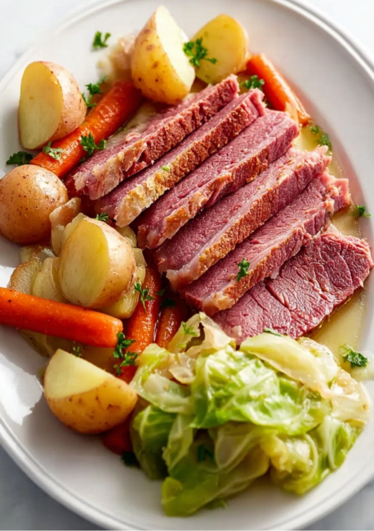 Sliced corned beef served with potatoes, carrots, and cabbage on a plate. This Instant Pot recipe is perfect for St. Patrick’s Day, weeknight dinners, and easy Irish comfort food.