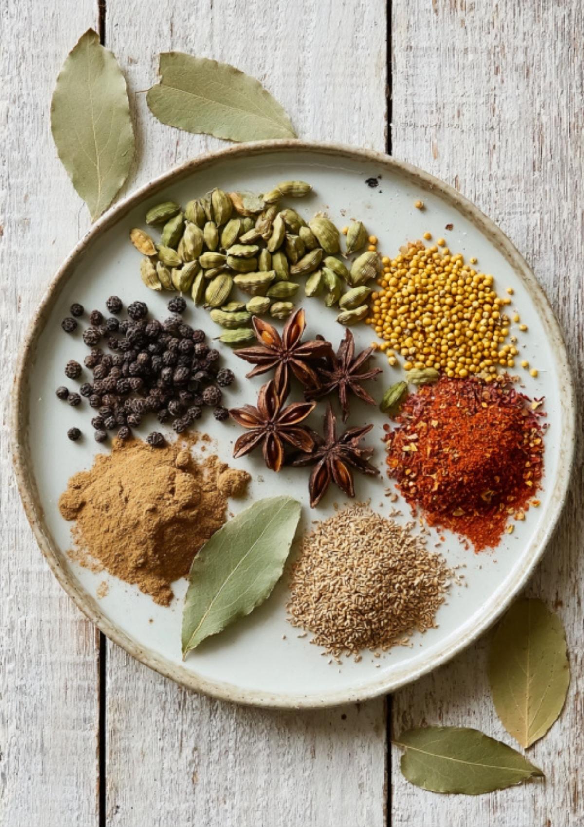 Overhead view of whole spices for Corned Beef Spice Packet, including cardamom pods, mustard seeds, peppercorns, star anise, bay leaves, and ground spices on a plate.