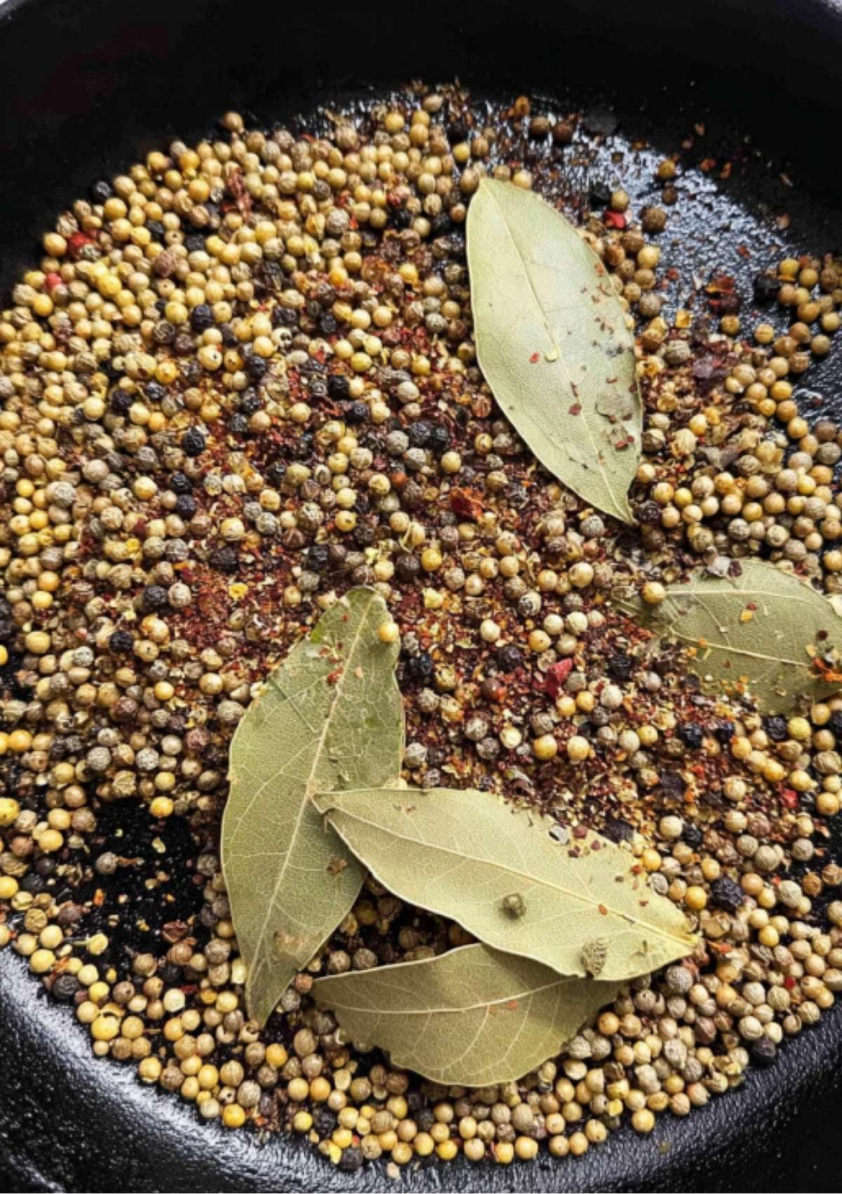 Cast iron pan with mustard seeds, peppercorns, coriander, and bay leaves for a homemade Corned Beef Spice Packet.