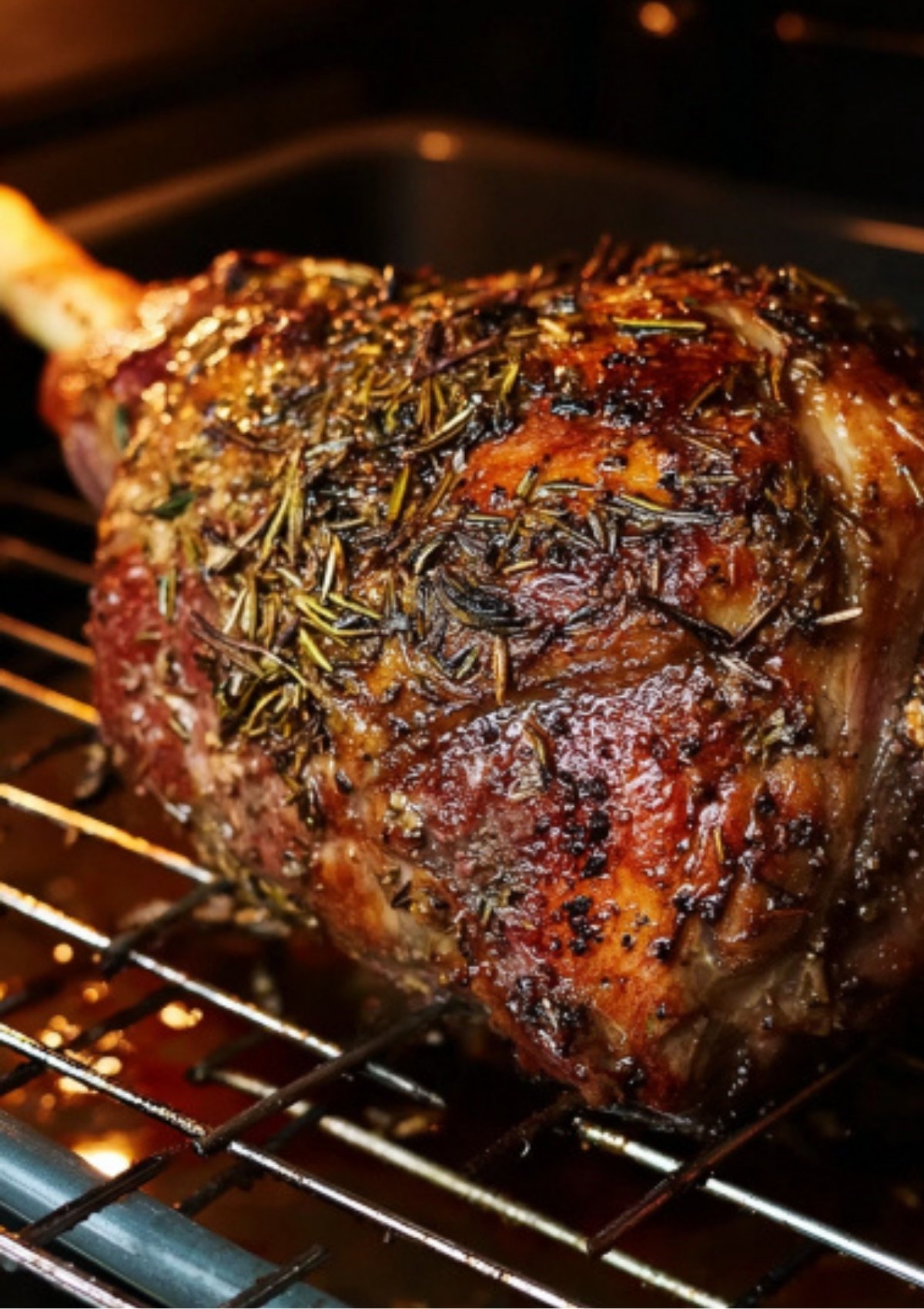 Garlic rosemary leg of lamb roasting on an oven rack