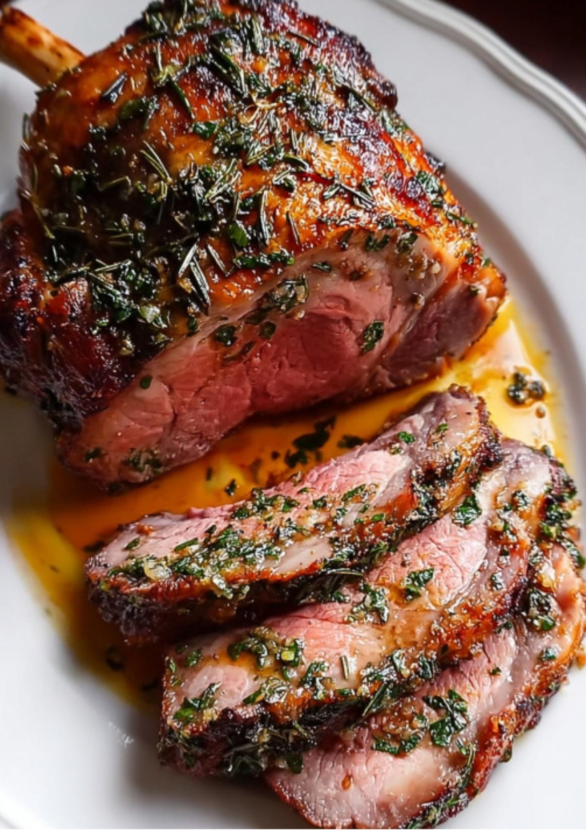 Whole leg of lamb roast coated in rosemary and garlic, sliced to reveal tender, juicy meat with a golden brown crust