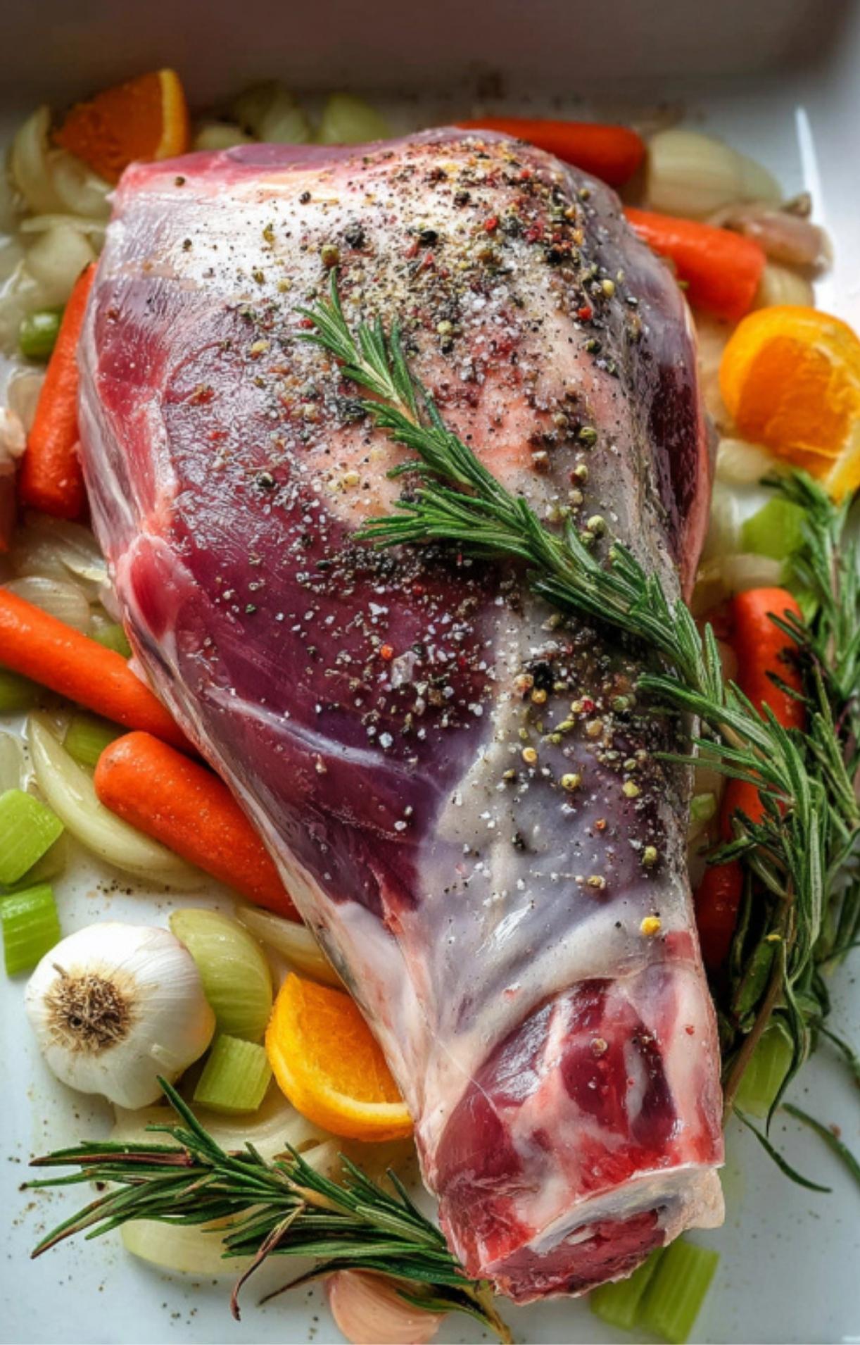 Uncooked seasoned leg of lamb in roasting pan with carrots, celery, onions, garlic, orange slices, and rosemary