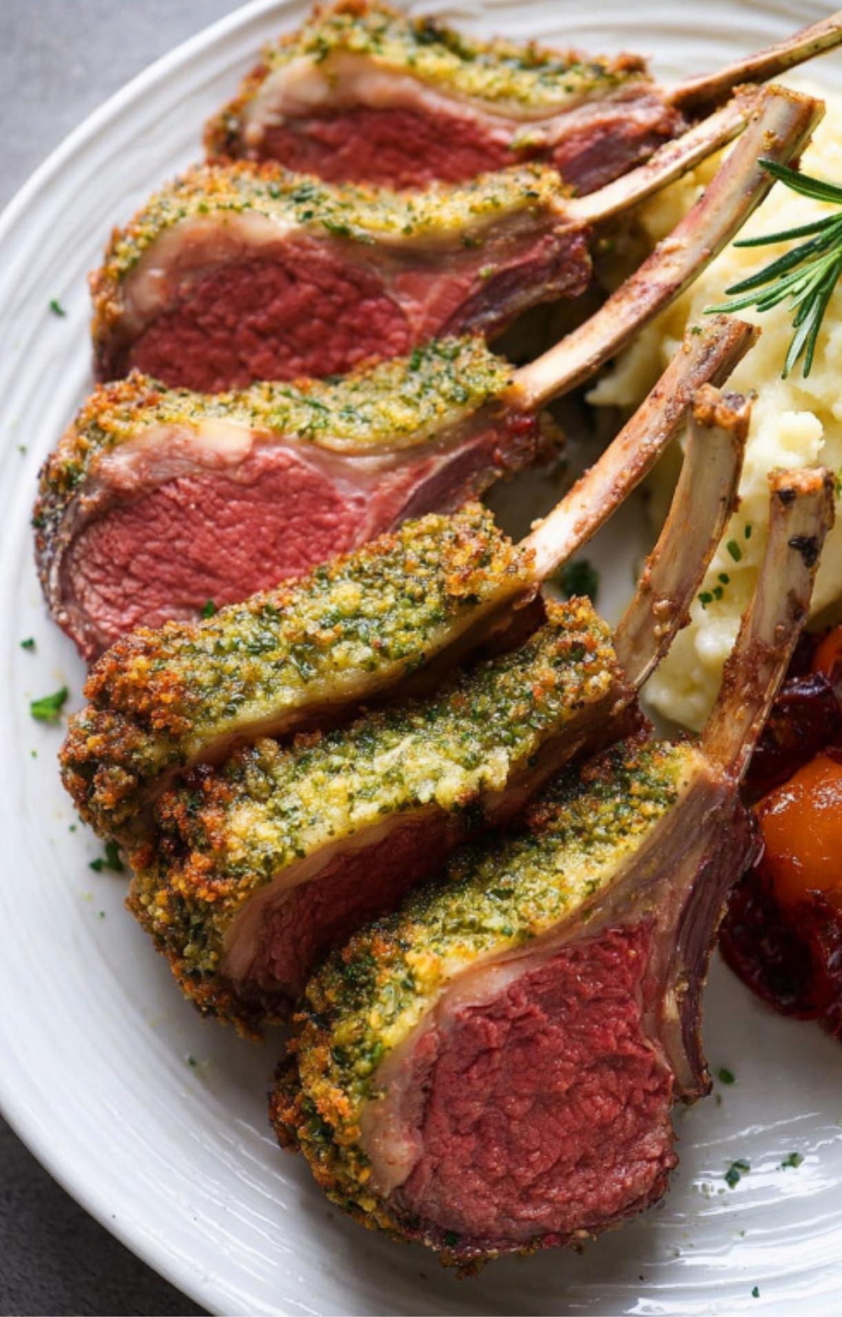Sliced herb crusted rack of lamb on a plate with golden breadcrumb crust, juicy pink centers, mashed potatoes, and rosemary garnish