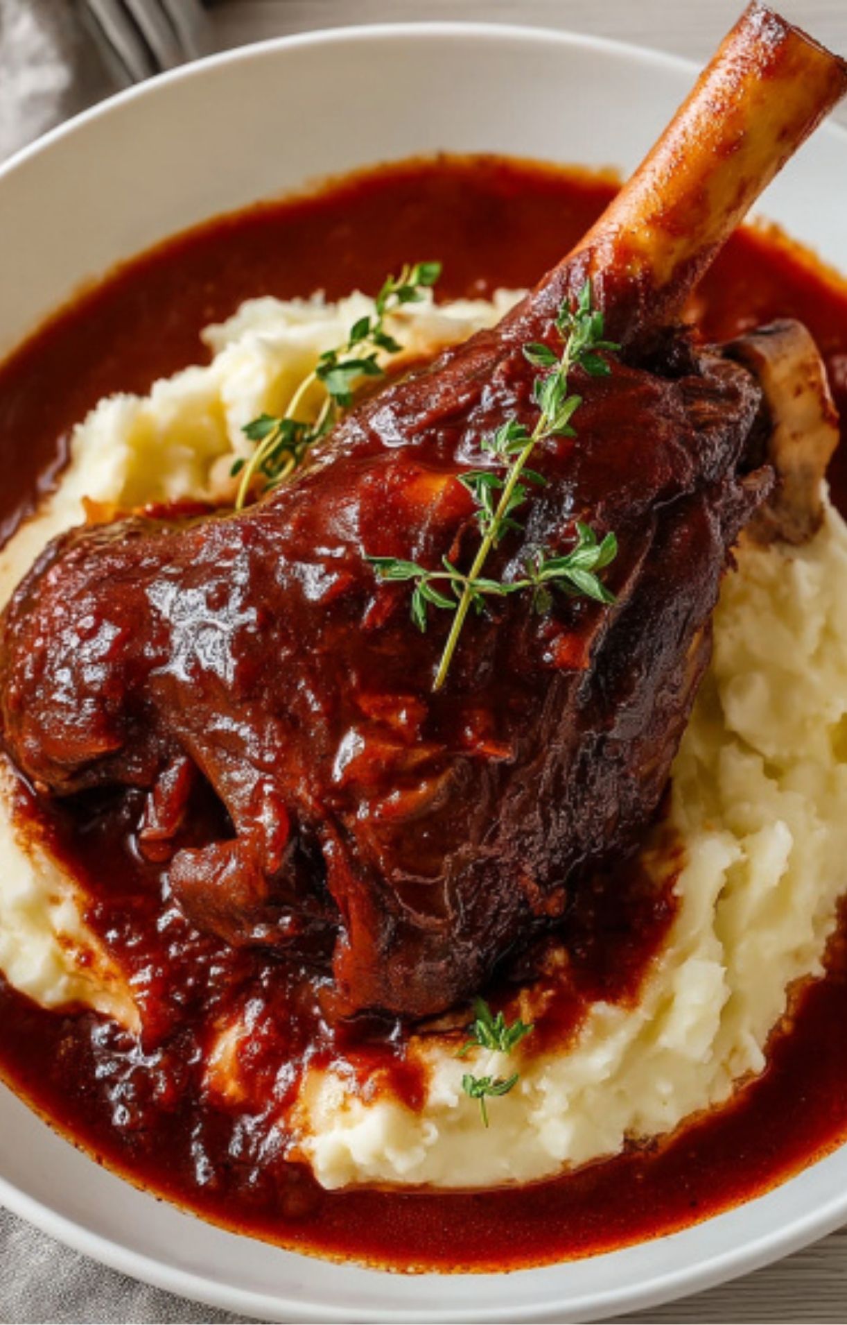 Tender lamb shank served over creamy mashed potatoes with red wine sauce and fresh thyme.