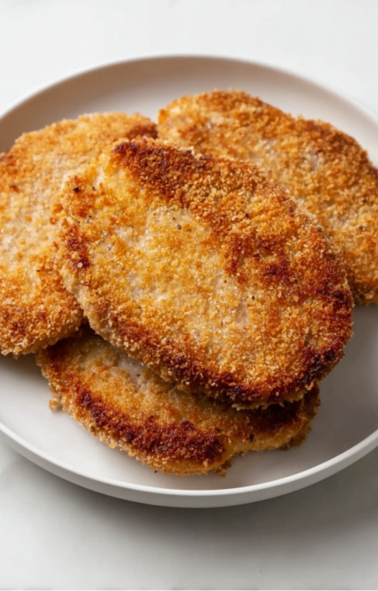 Plate of golden-brown breaded veal cutlets, freshly fried and ready for scallopini sauce.