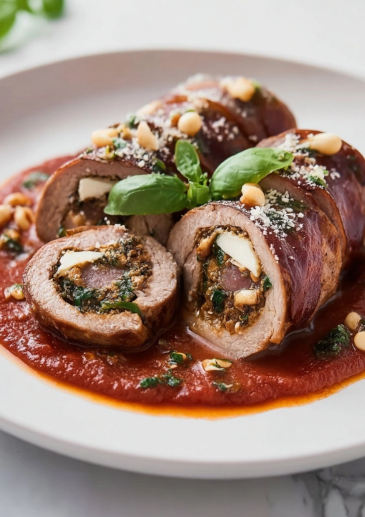 Sliced Italian braciole stuffed with cheese, pine nuts, and herbs, served on a plate with rich tomato sauce and fresh basil.
