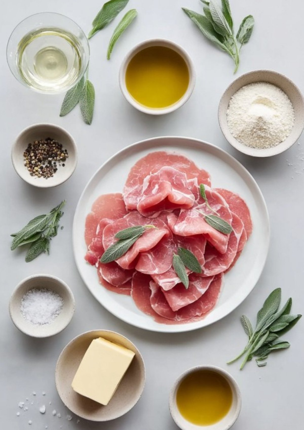 Flat lay of fresh veal slices, sage, butter, olive oil, white wine, and seasoning on a white table. Everything you need for an easy veal scallopini sauce recipe at home.