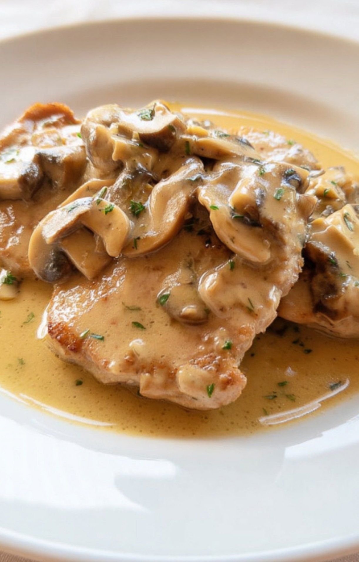 Closeup of veal scallopini with creamy mushroom sauce on a white plate. Elegant Italian main dish for special occasions or dinner parties.