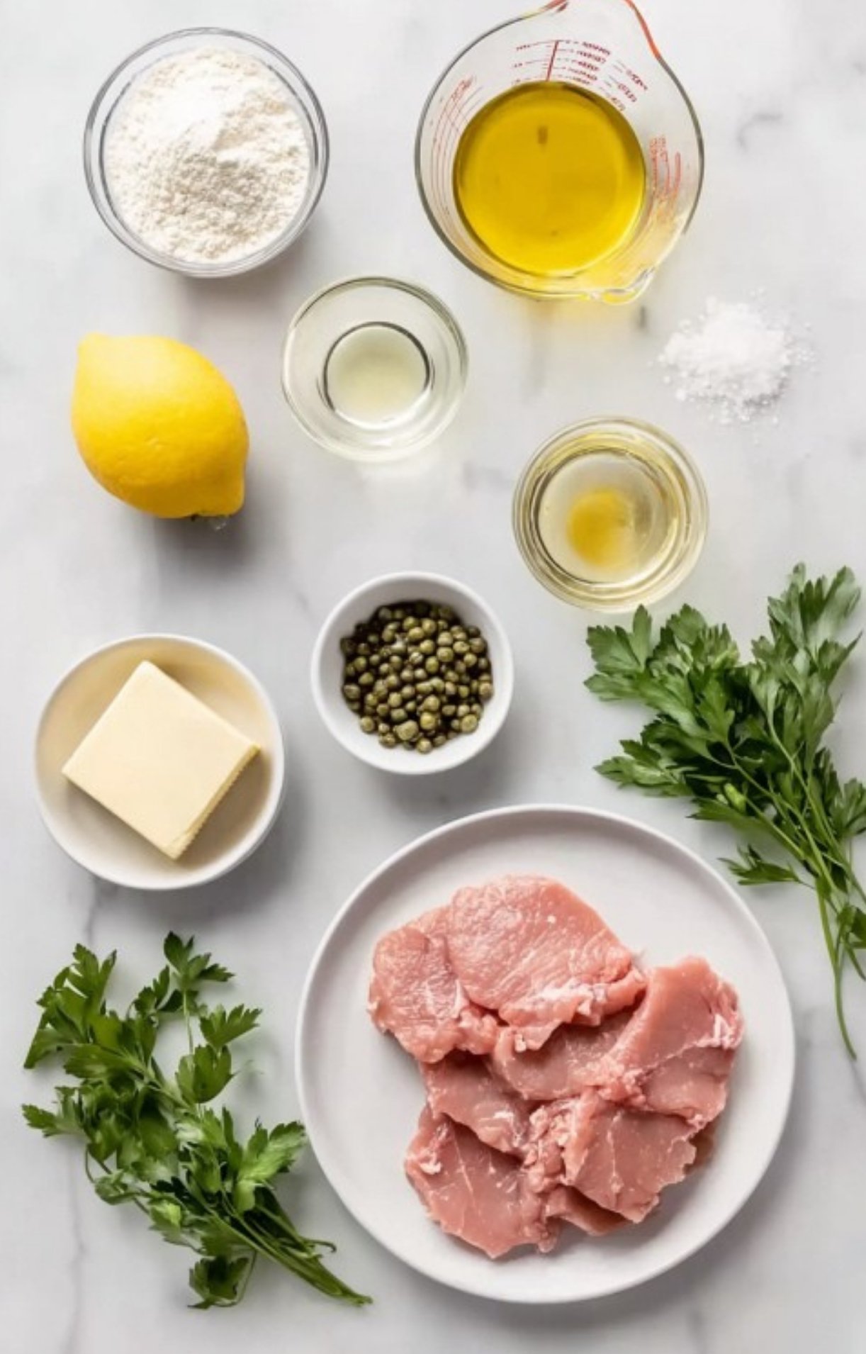 Flat lay of ingredients: veal cutlets, lemon, flour, parsley, capers, butter, olive oil, salt, and chicken stock. Everything for homemade piccata.