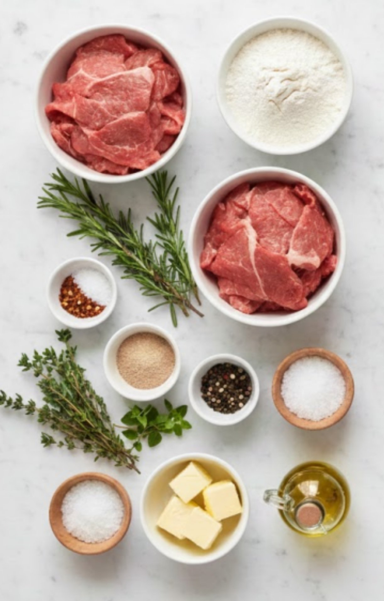 A top-down view of raw veal cutlets, flour, butter, olive oil, fresh rosemary, thyme, and various spices.