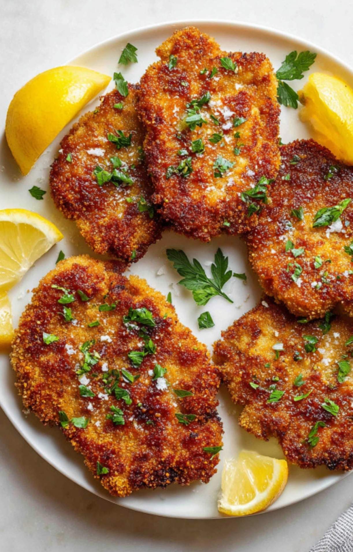 Plated veal scallopini Milanese with lemon wedges and fresh parsley for a bright Italian dinner.