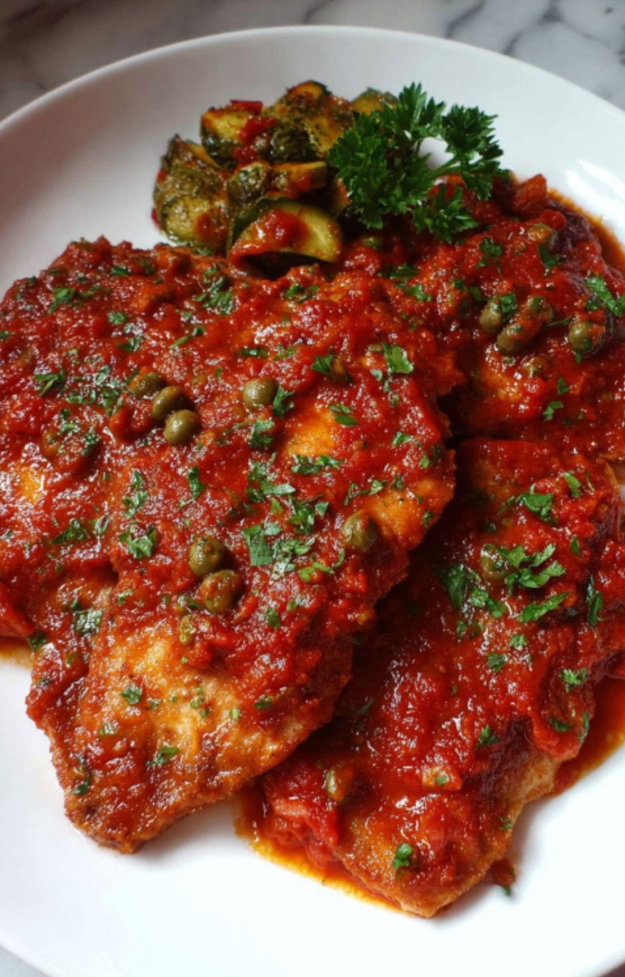 Plate of veal scallopini topped with tomato caper sauce, parsley, and a side of roasted zucchini for a fresh Italian meal.