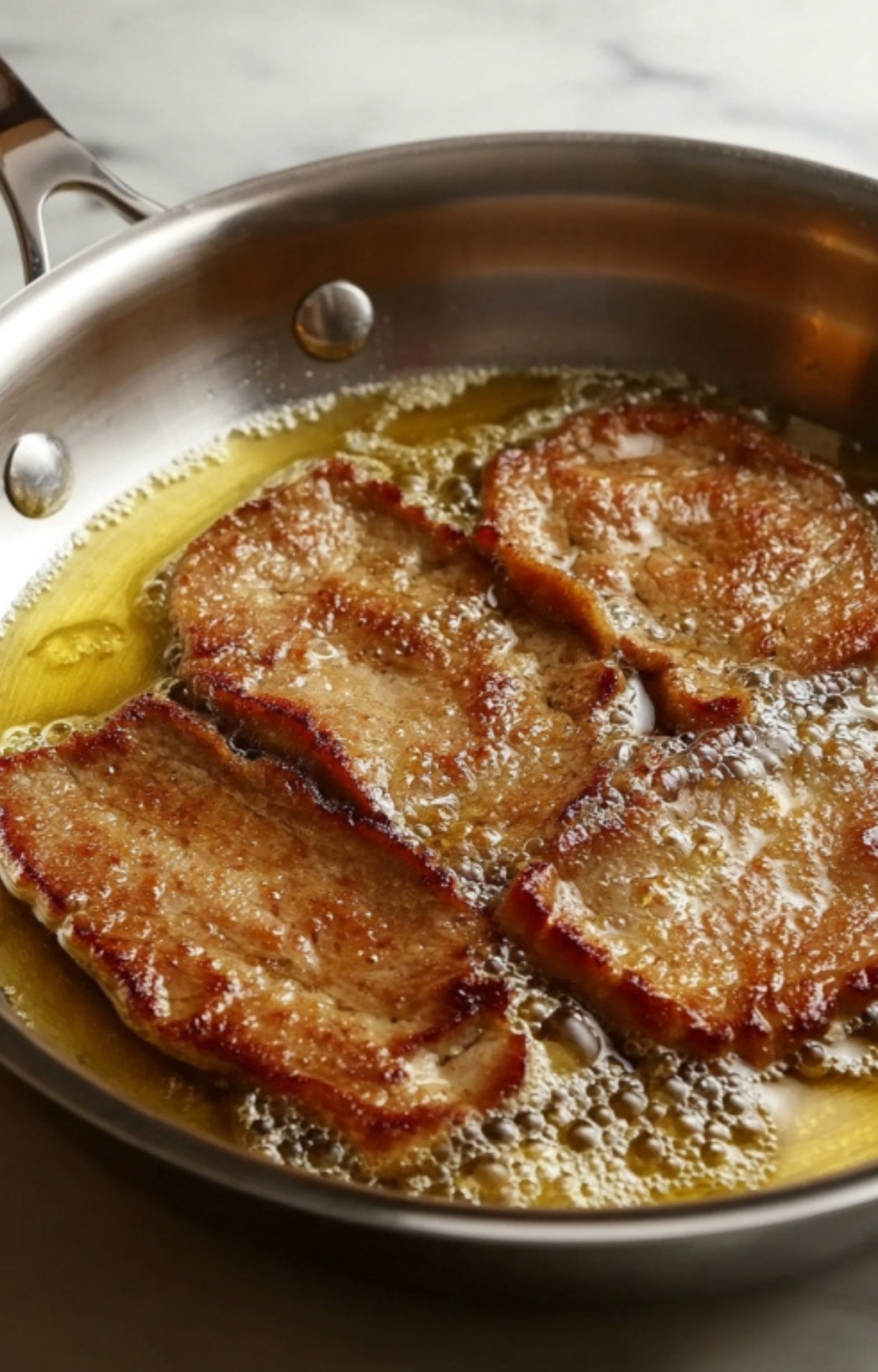 Pouring lemon sauce over seared veal cutlets in a stainless pan. This tangy, buttery sauce brings restaurant flavor to your kitchen.