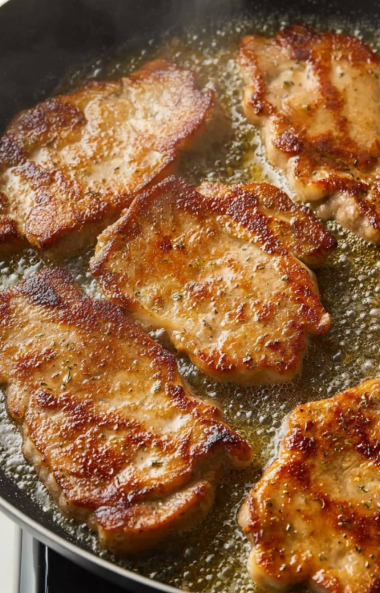 Veal scallopini browning in a skillet, developing a crispy golden crust. Step-by-step cooking for juicy veal with savory mushroom cream sauce.