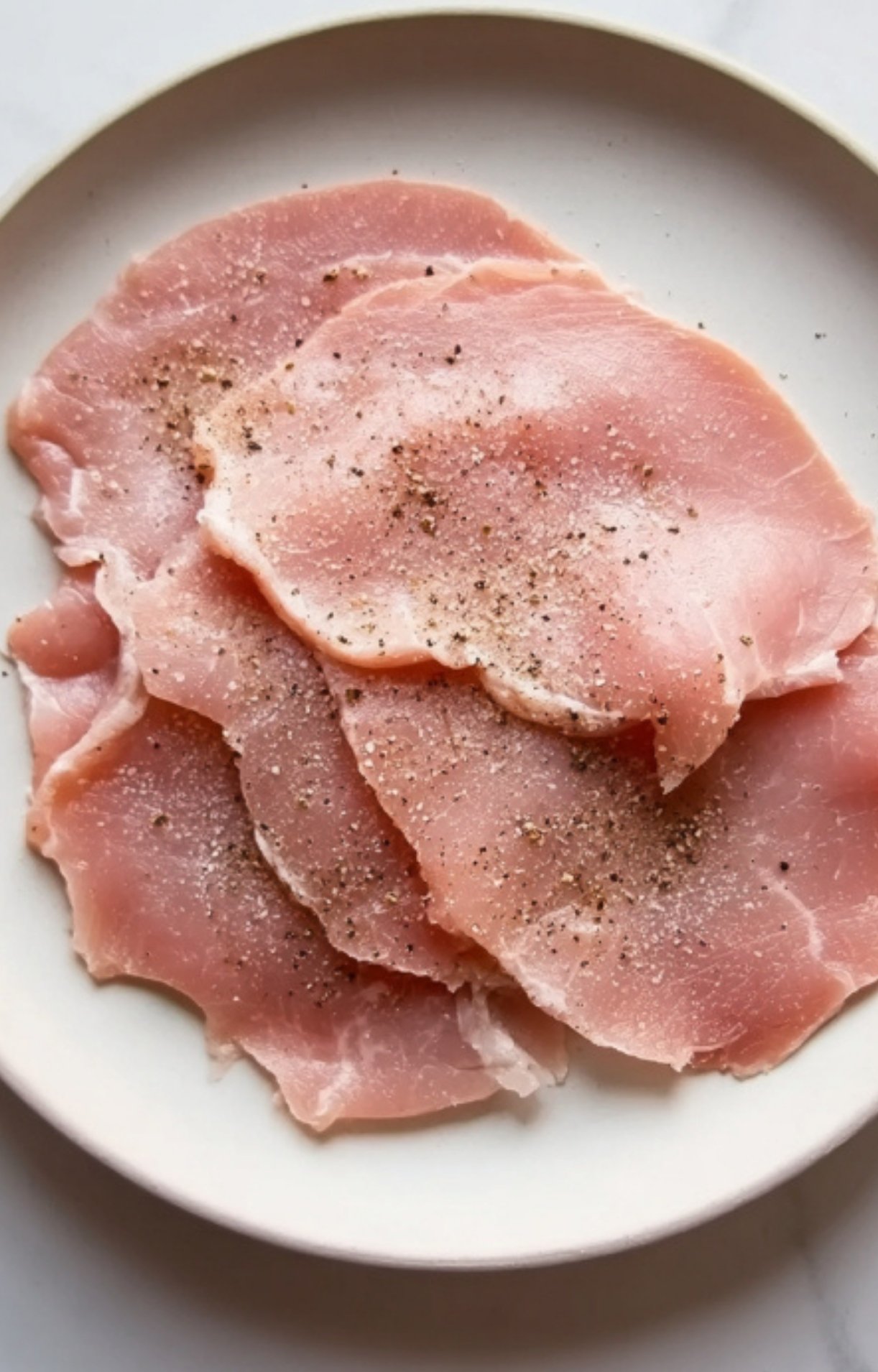 Raw, thin veal slices laid on a white plate and seasoned with salt and cracked black pepper.