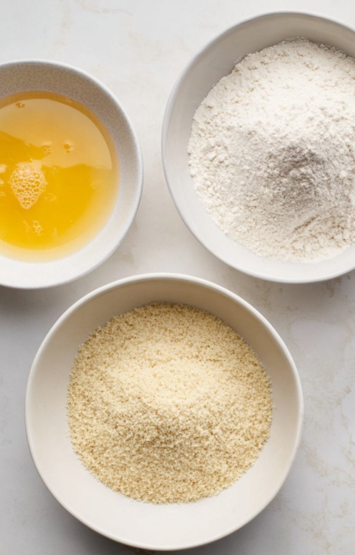 Three bowls with egg, flour, and breadcrumbs for coating veal scallopini Milanese. Simple steps for homemade Italian breaded veal.