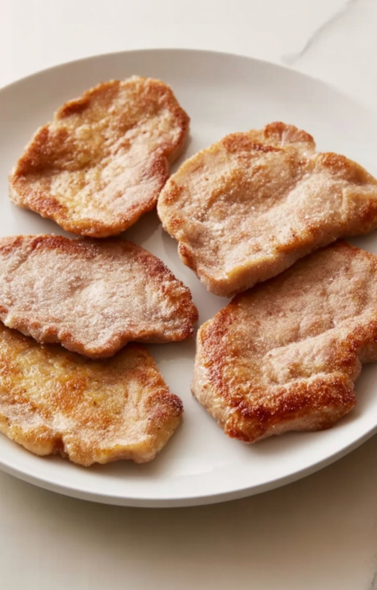 Crisp, lightly floured veal scallopini cutlets on a white plate, ready to finish in savory tomato caper sauce.