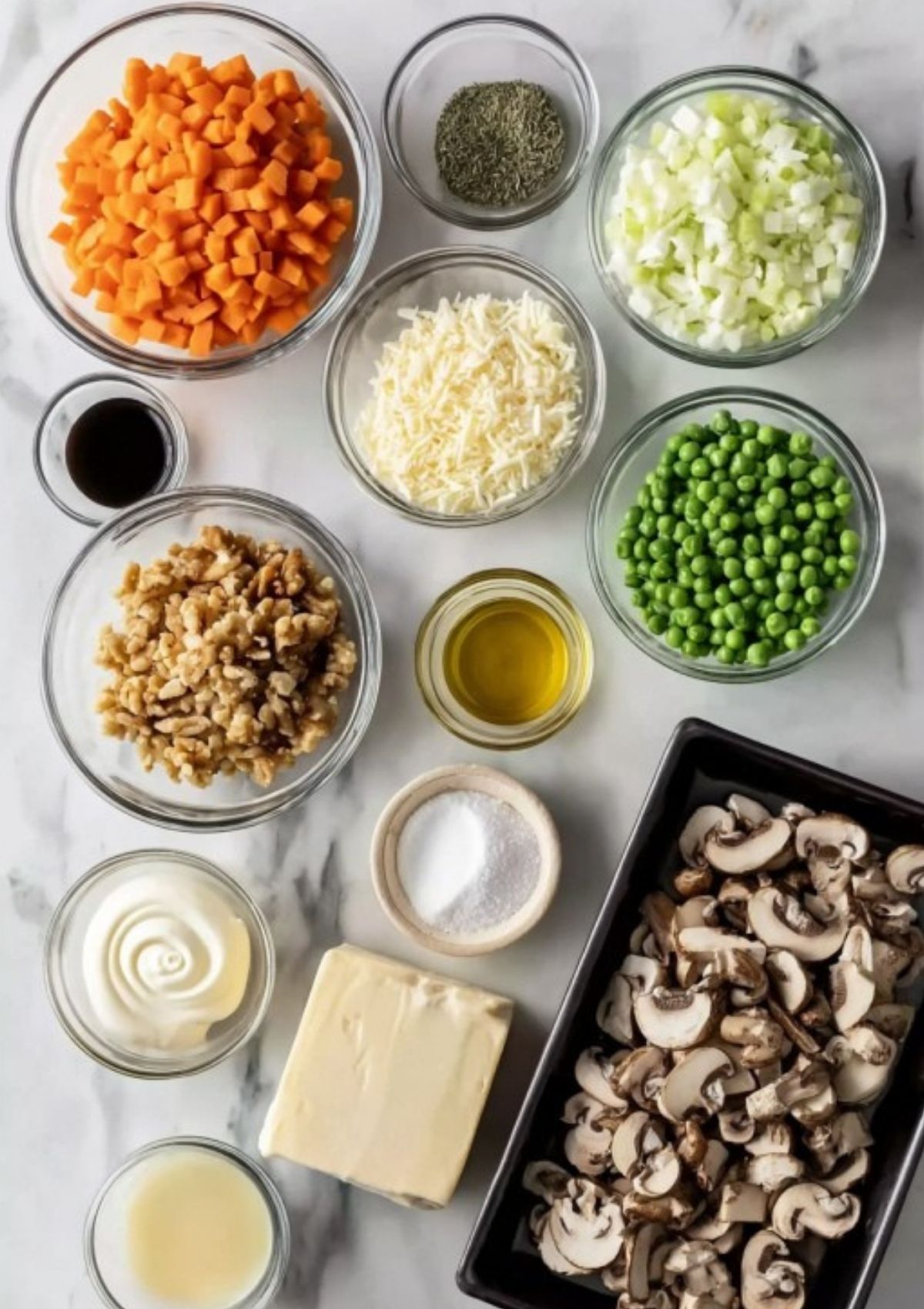 All the ingredients for vegan beef Wellington laid out in bowls, including carrots, celery, peas, walnuts, mushrooms, puff pastry, and seasonings. Perfect for vegan Christmas or Thanksgiving dinner.