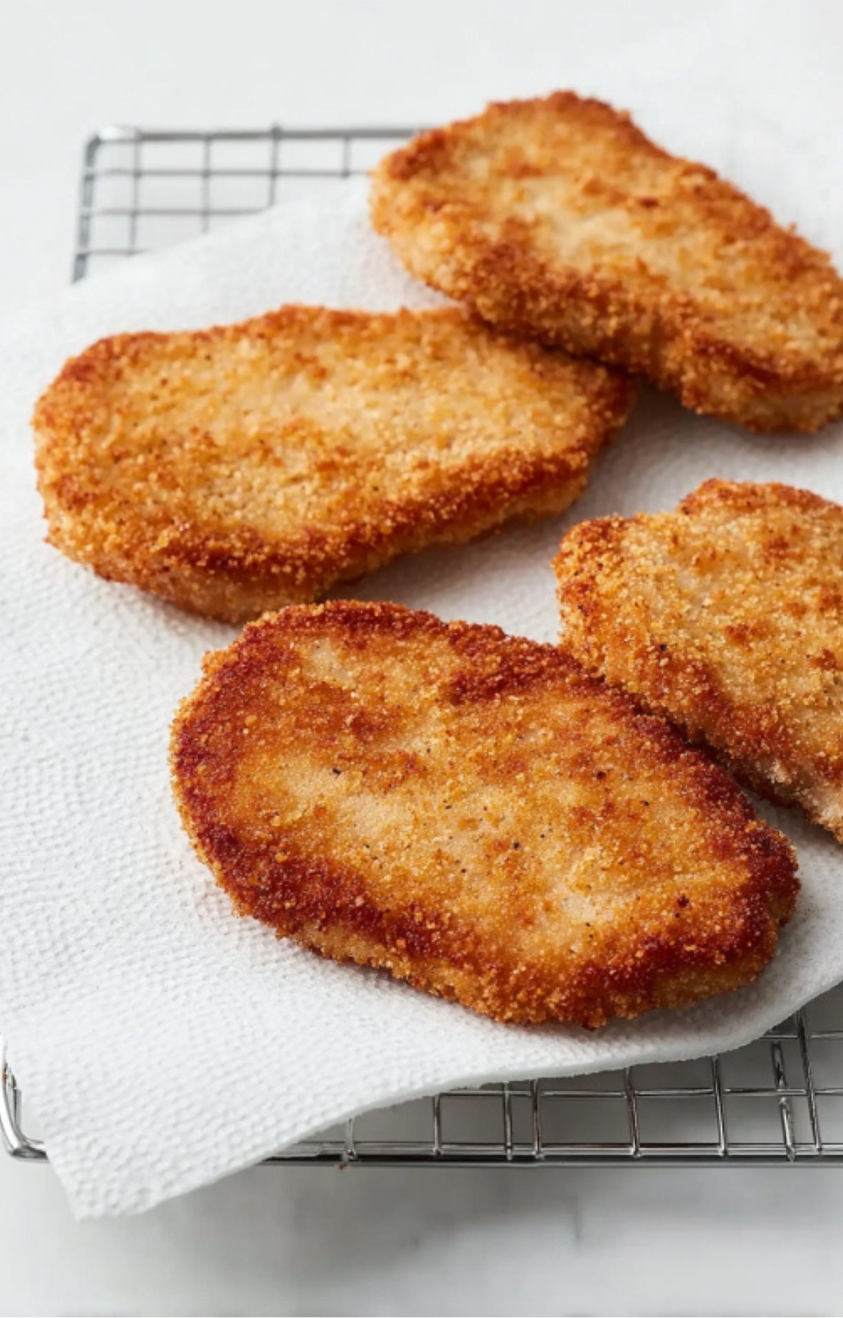 Freshly fried breaded veal scallopini cutlets draining on paper towels and a wire rack, golden brown and crispy.