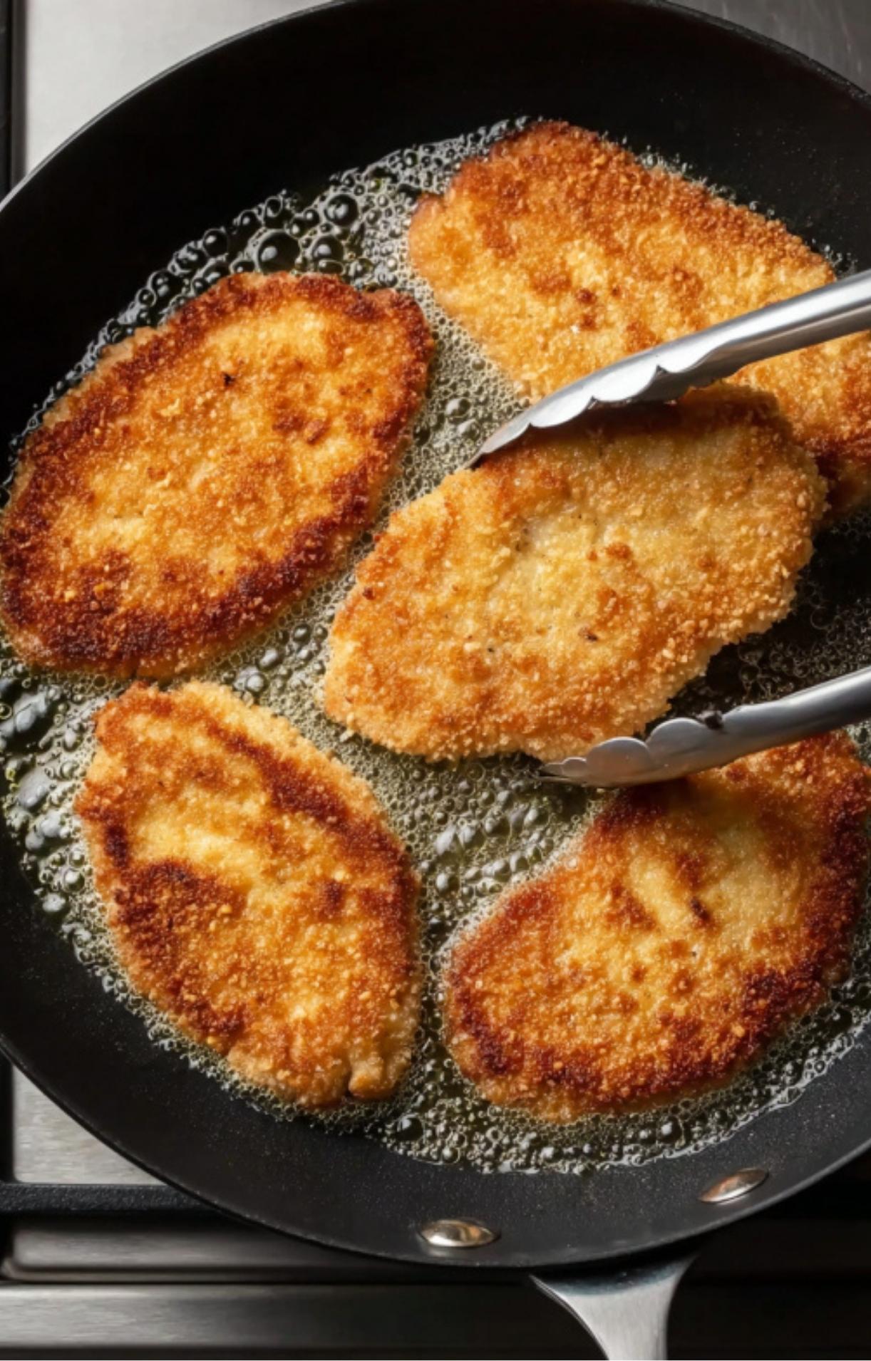 Breaded veal cutlets sizzling in a skillet with oil for scallopini