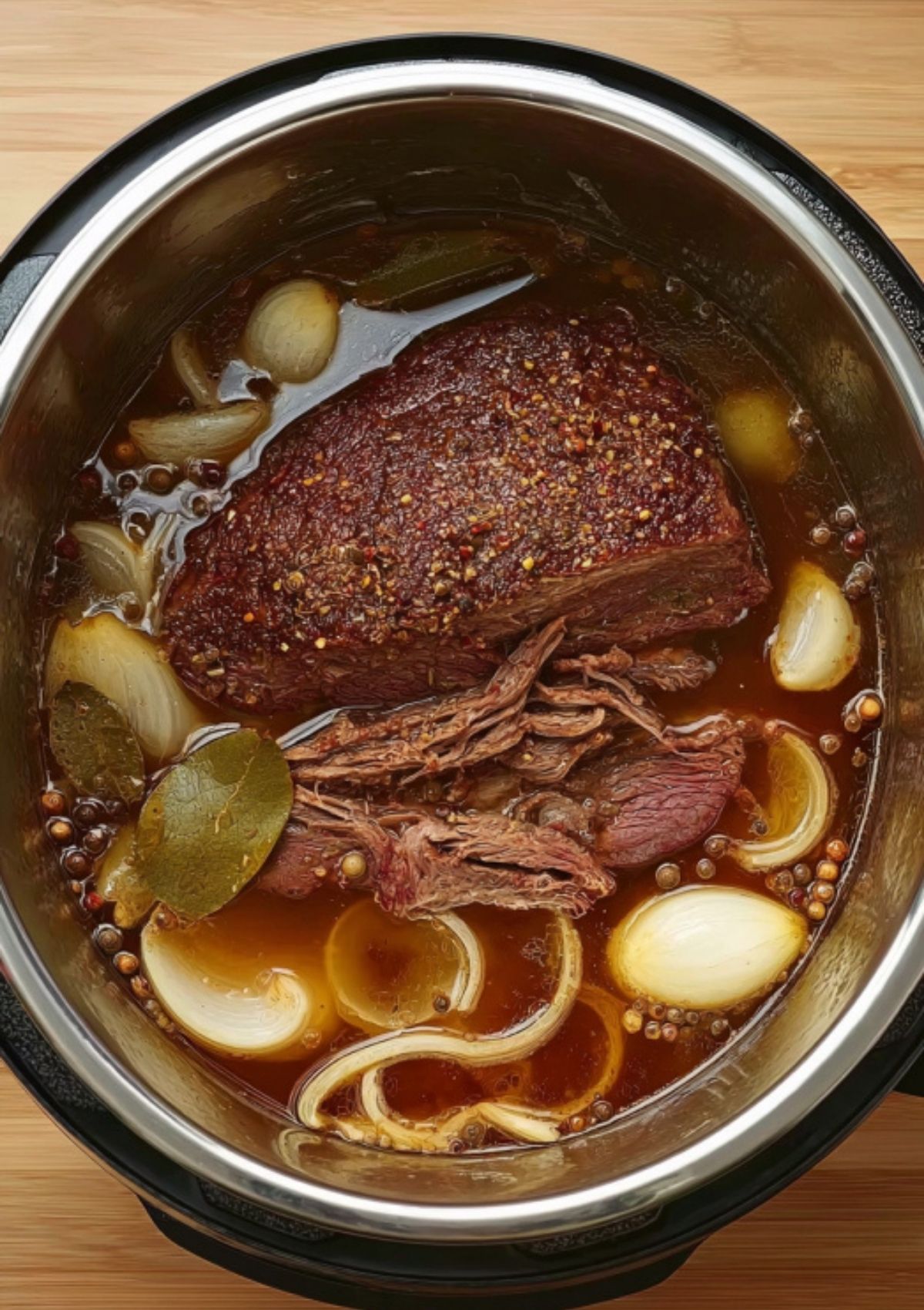 Corned beef brisket in a slow cooker with onion wedges, bay leaves, and spices, showing a juicy and flavorful slow-cooked meal.