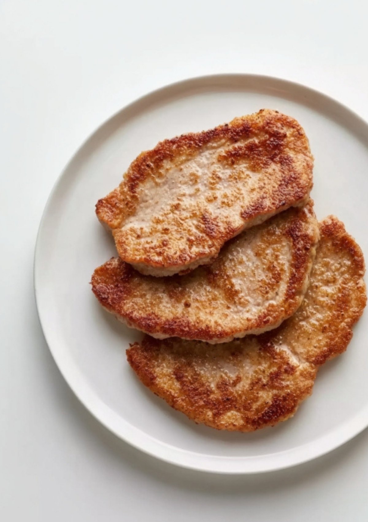 Golden-brown, pan-seared veal cutlets resting on a white plate after being cooked in a skillet.