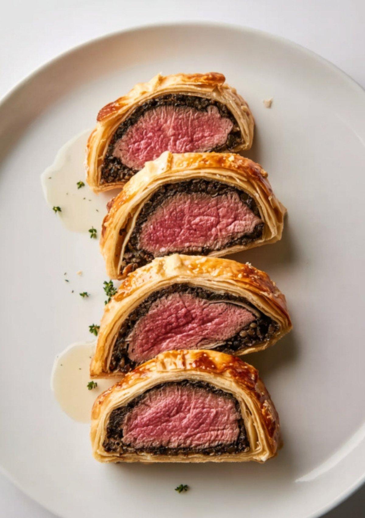 Four thick slices of classic Beef Wellington with juicy beef center and crisp pastry, arranged on a white plate. A timeless recipe for special occasions or Sunday roast.