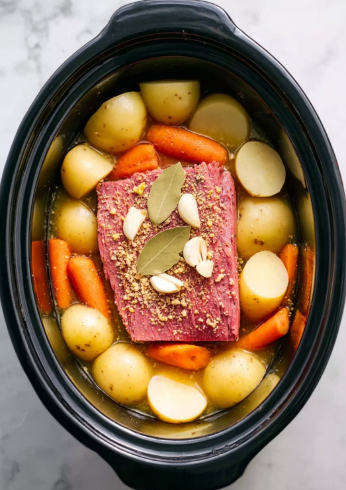 Uncooked corned beef topped with garlic and bay leaves, surrounded by chunky potatoes and carrots, ready to cook for a cozy family meal.