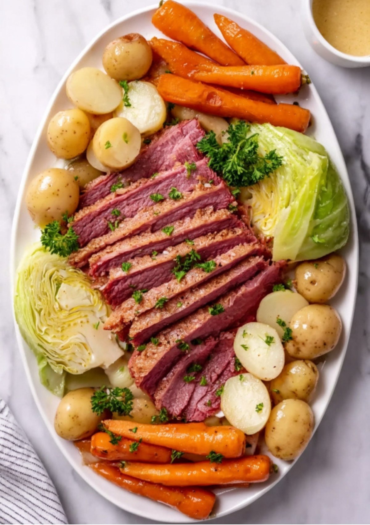 A platter filled with sliced corned beef, tender potatoes, bright orange carrots, and wedges of green cabbage, garnished with fresh parsley for a comforting family meal.