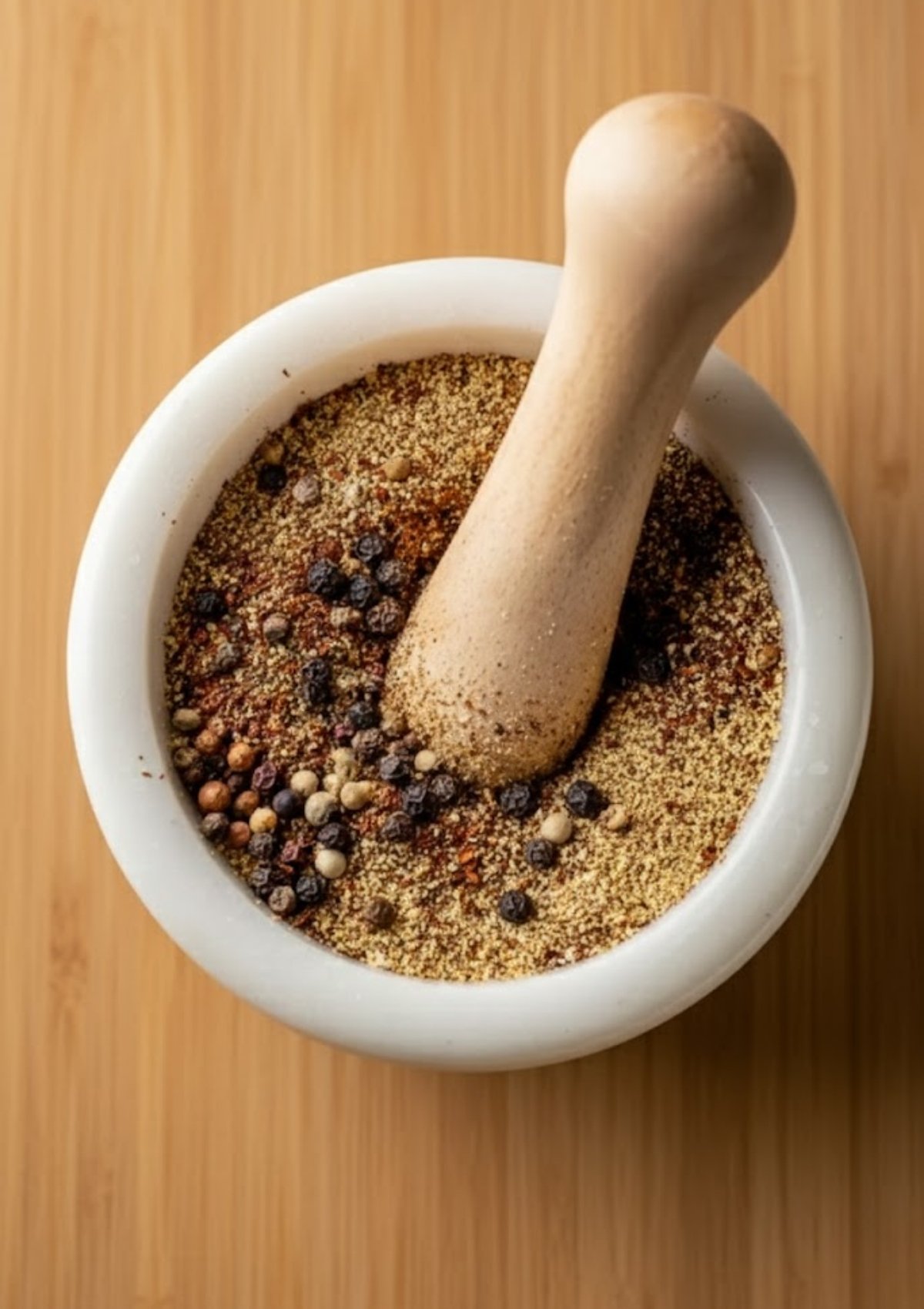 Whole spices being crushed in a mortar and pestle to make a flavorful corned beef brisket spice rub.