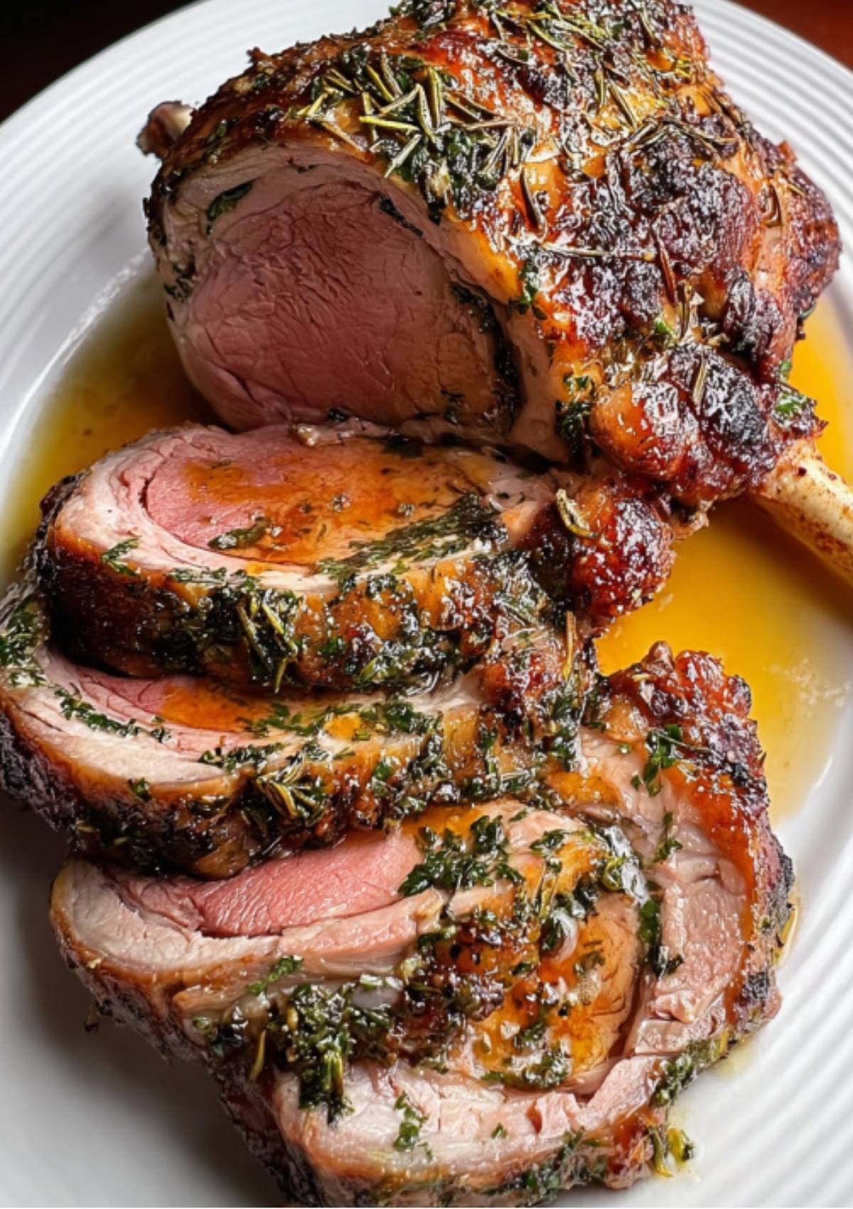 Sliced herb-crusted leg of lamb roast on a white platter, juicy and cooked medium-rare with fresh herbs and pan juices
