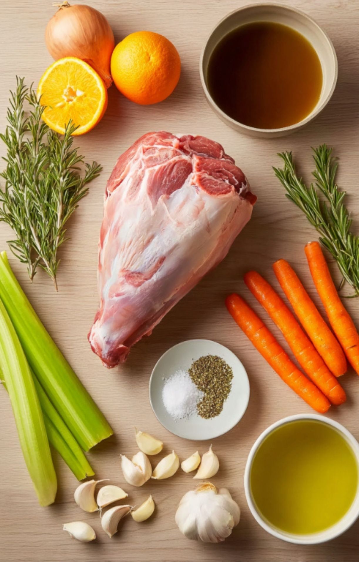 All ingredients for slow roasted leg of lamb on table, including raw lamb, carrots, celery, fresh herbs, garlic, and oranges