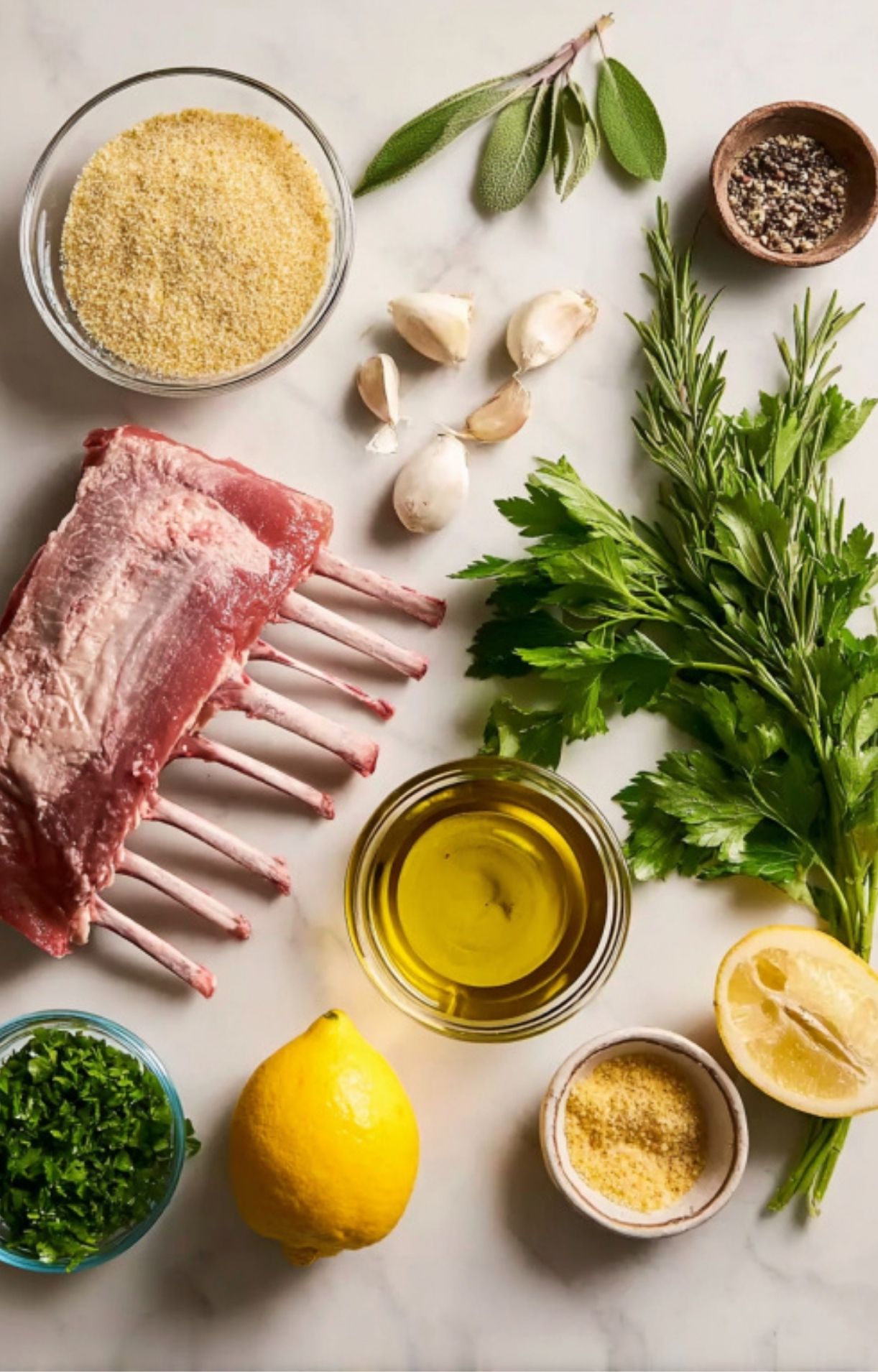 All ingredients for herb crusted rack of lamb on table, including rack of lamb, fresh herbs, lemon, garlic, breadcrumbs, and olive oil