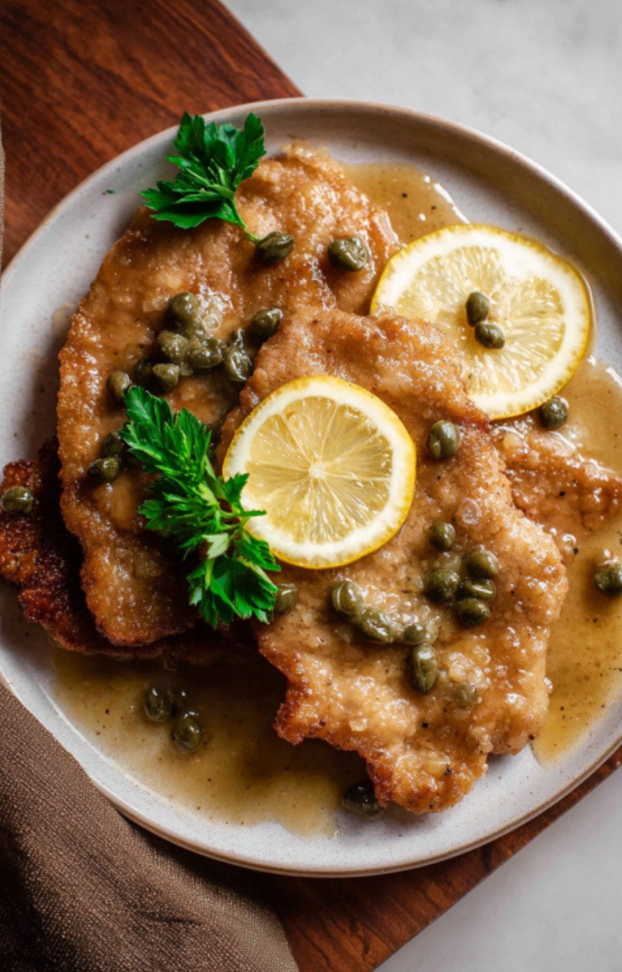 A beautiful plate of Veal Scallopini in Lemon Sauce garnished with fresh lemon slices, capers, and parsley.