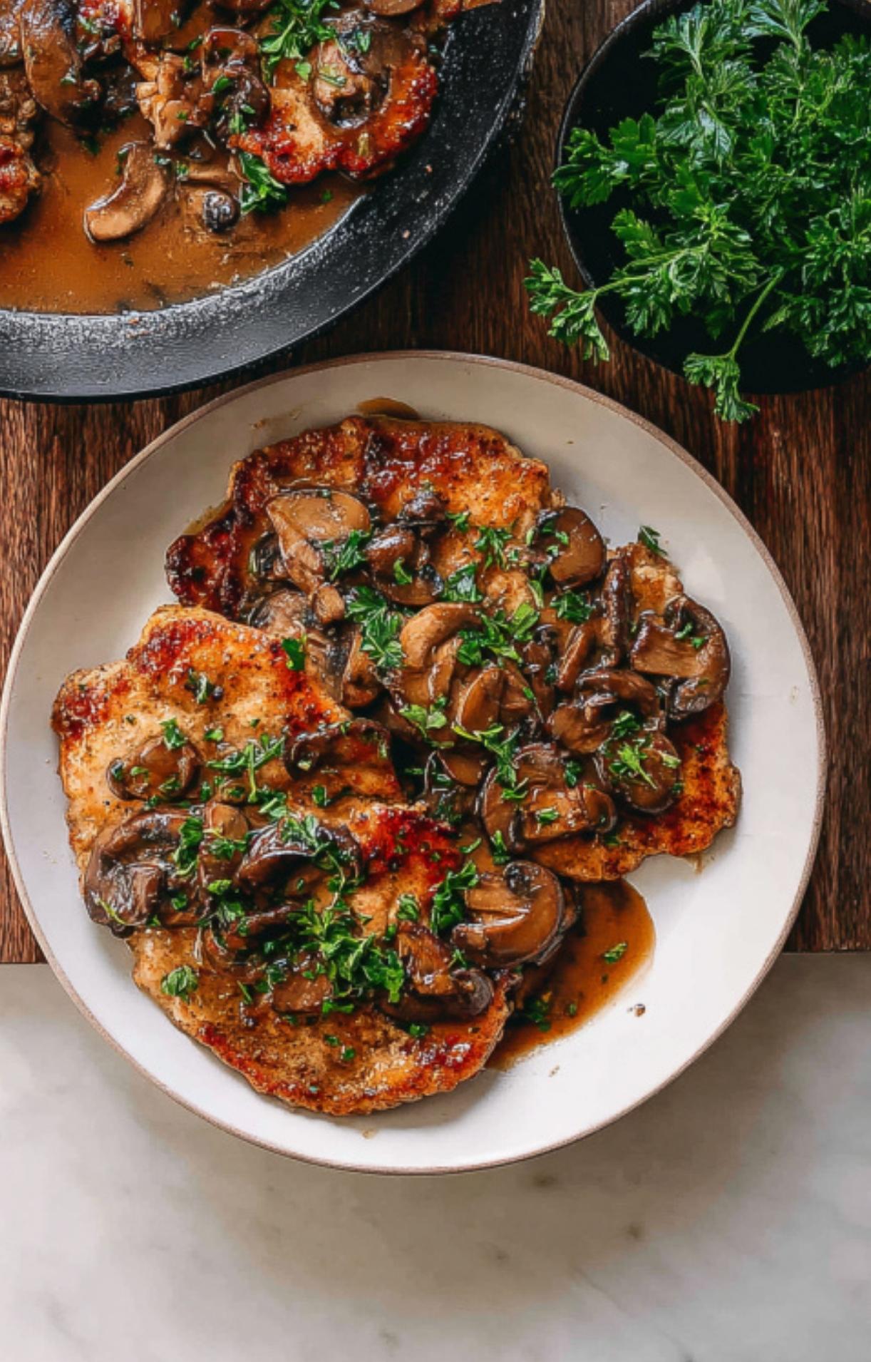 Two servings of veal scallopini topped with mushrooms and parsley, served with rich wine sauce. Restaurant-style Italian comfort food for home cooks.