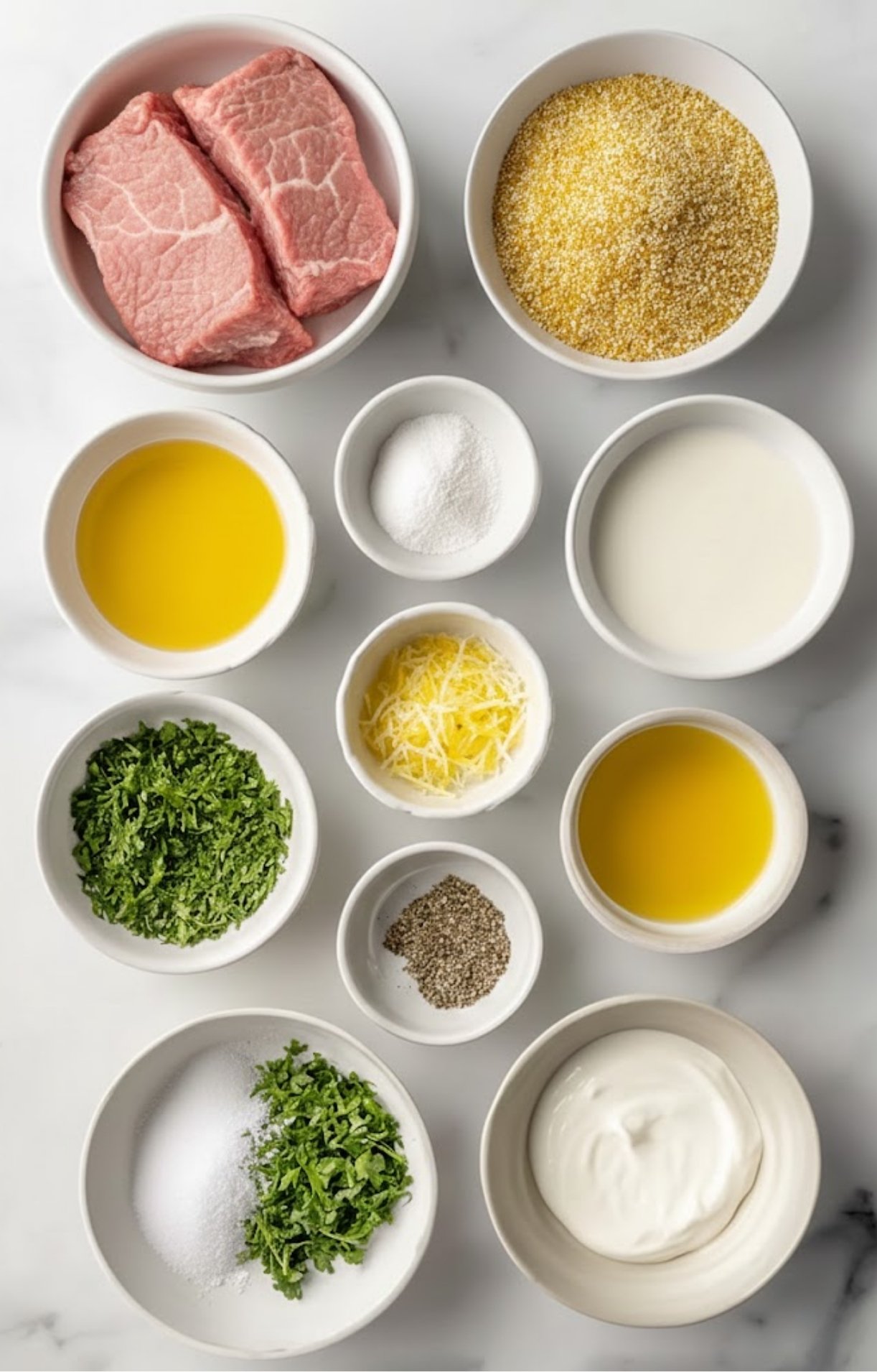 Bowls of veal, breadcrumbs, cream, herbs, and seasonings for scallopini recipe