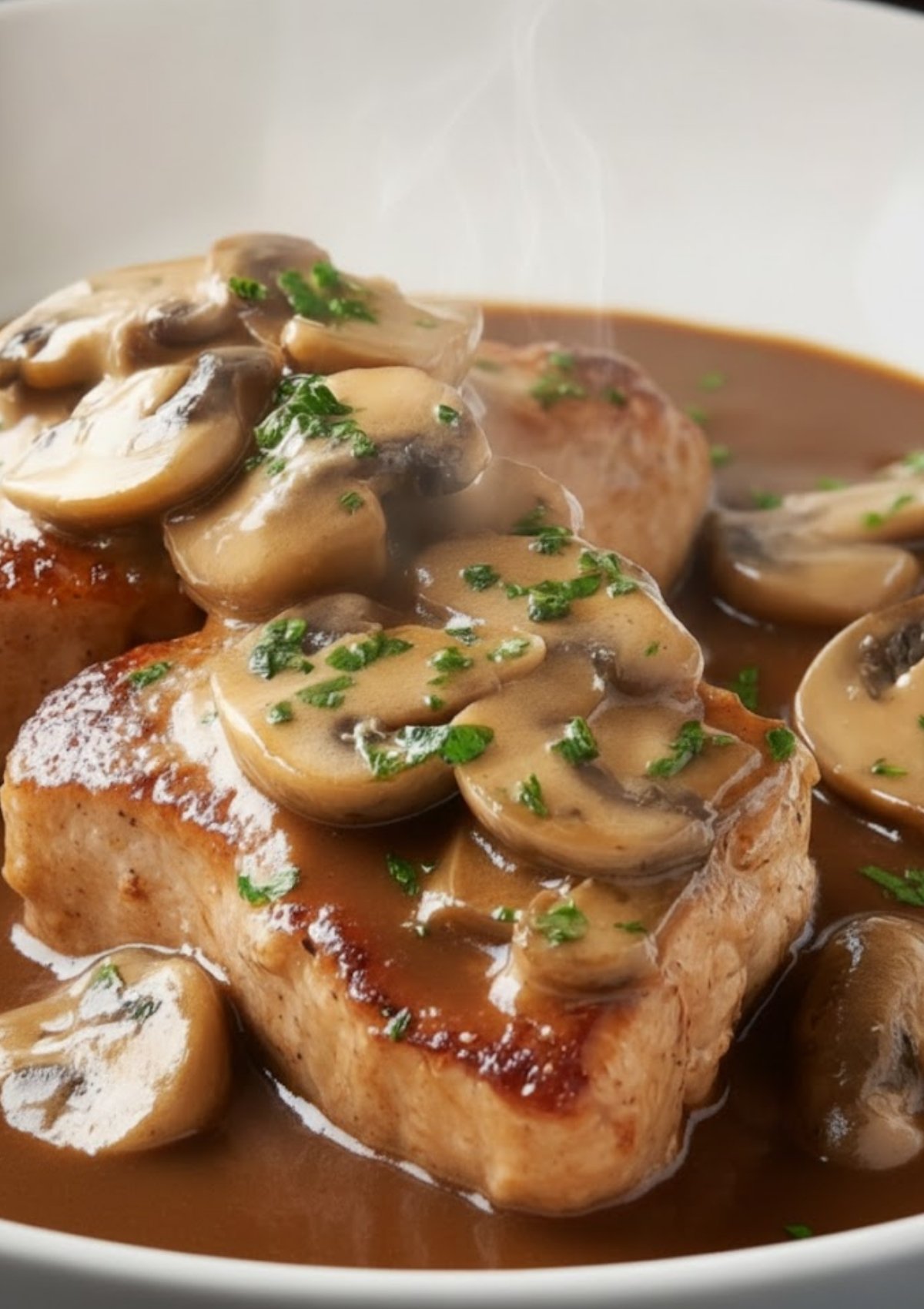 Closeup of veal scallopini topped with creamy marsala mushroom sauce and fresh parsley in a white bowl.