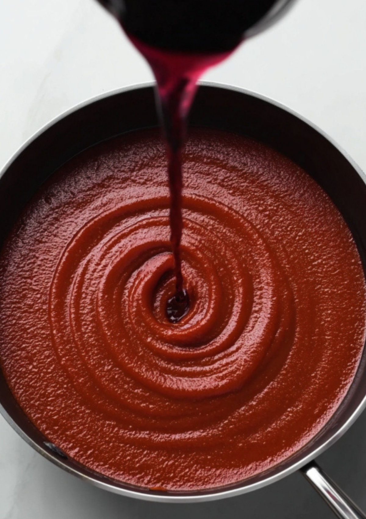 A stream of red wine being poured into a pan of thick tomato sauce, ready for simmering, to make Italian braciole.