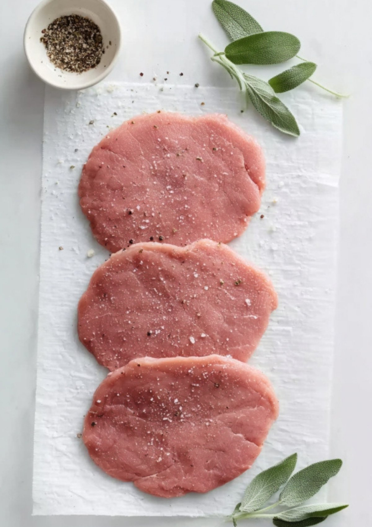 Raw veal cutlets seasoned with salt and pepper on parchment paper for a veal scallopini sauce recipe.