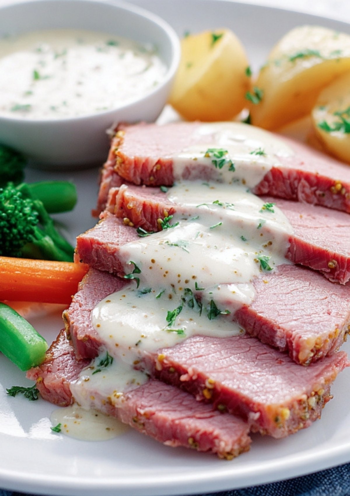 Sliced corned beef covered in creamy parsley mustard sauce, served with potatoes, carrots, and greens.
