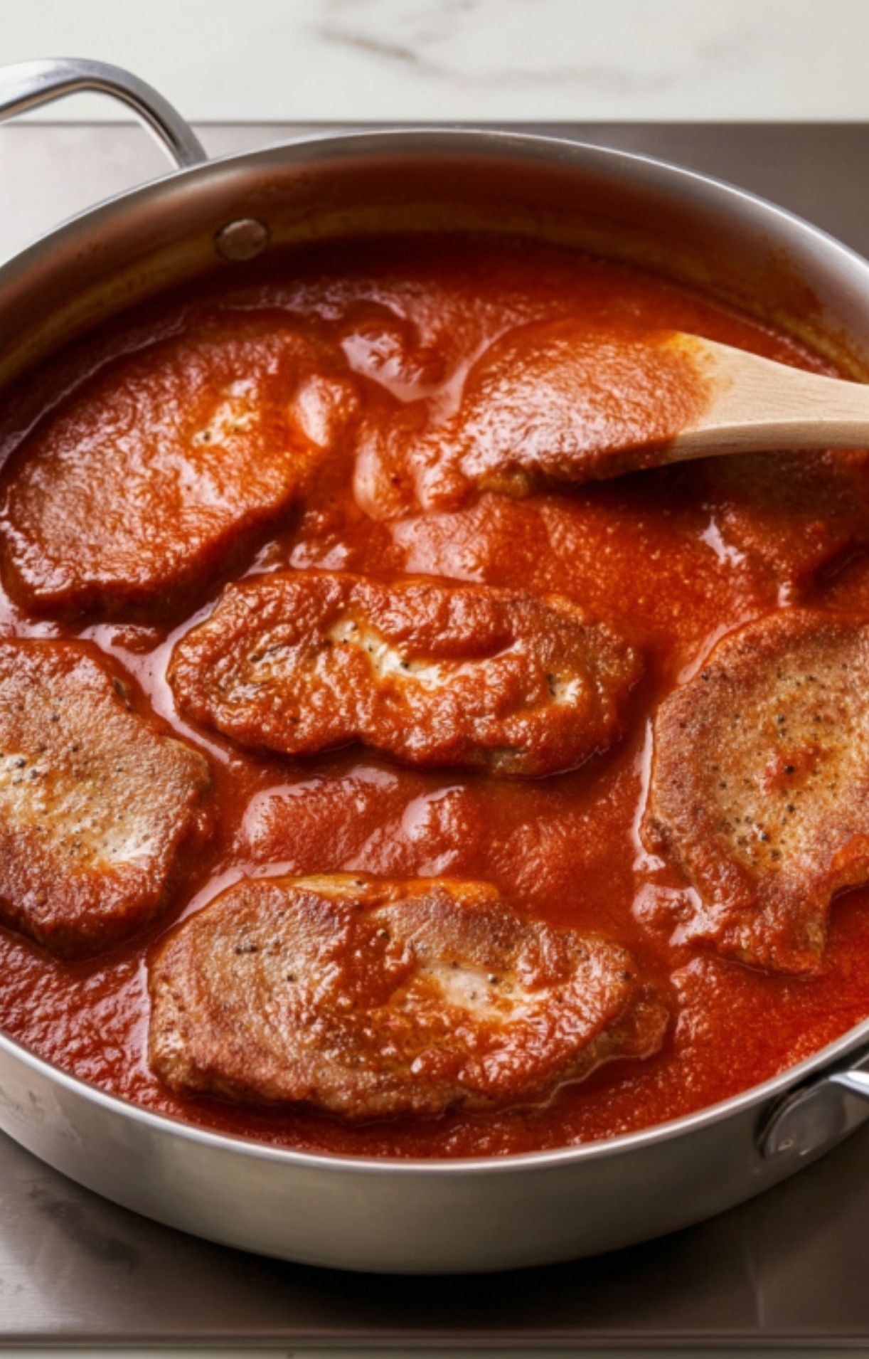 Veal scallopini cutlets cooking in a pan of thick tomato sauce, a classic Italian comfort dinner idea.
