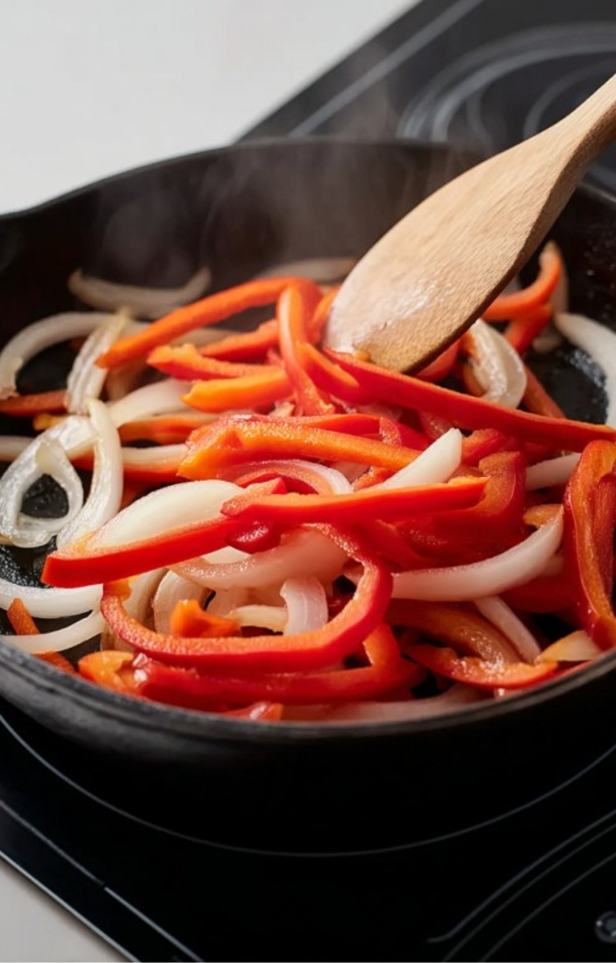 Sliced red bell peppers and onions being sautéed in a black skillet with a wooden spoon.