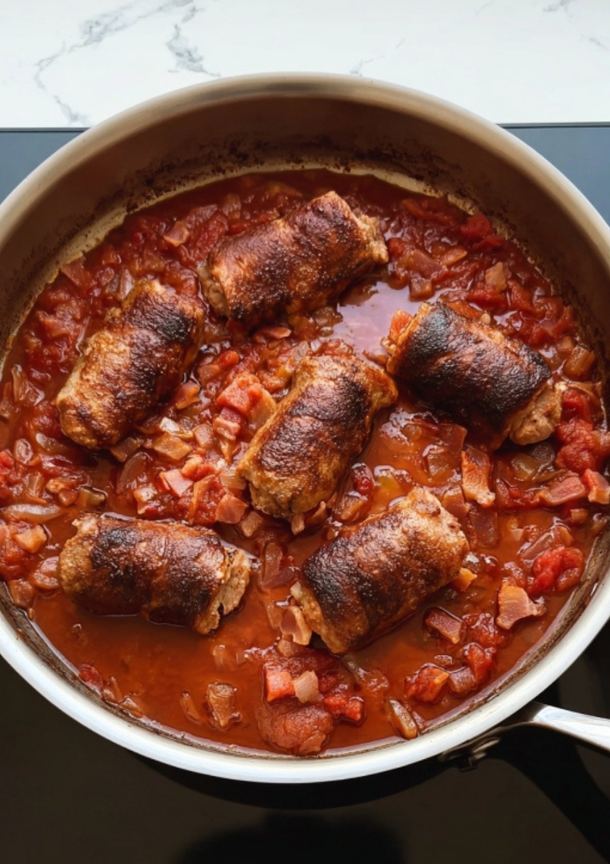 Golden-brown veal rolls seared and tied with kitchen twine, cooking in a stainless steel skillet.