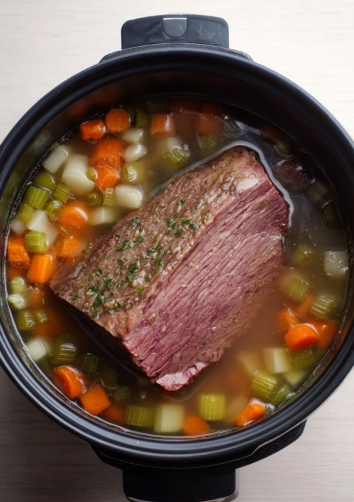 Pot of corned beef cooking with carrots, celery, and potatoes in savory broth for a homemade family dinner.