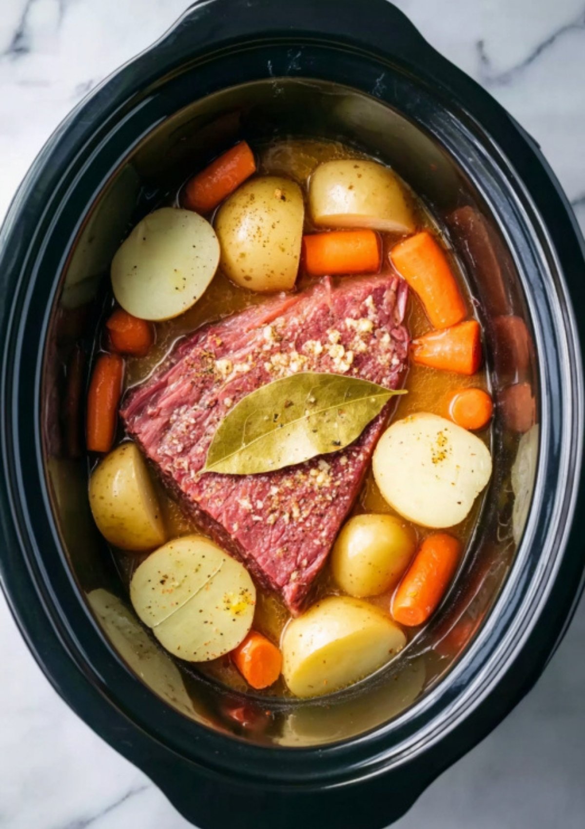 A slow cooker filled with juicy corned beef brisket, golden potatoes, and sweet carrots, simmering in savory broth for a classic St. Patrick’s Day dinner.