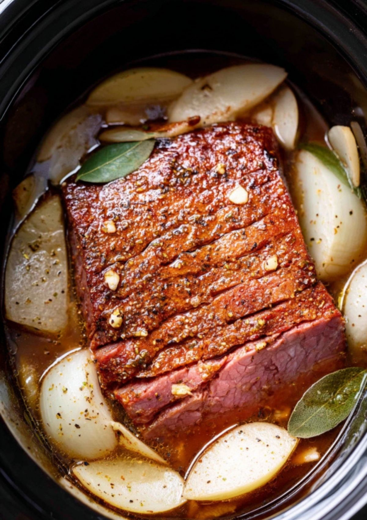 Juicy corned beef brisket cooked in broth with sliced potatoes, garlic, and bay leaves, ready for a hearty family dinner or St. Patrick’s Day feast.