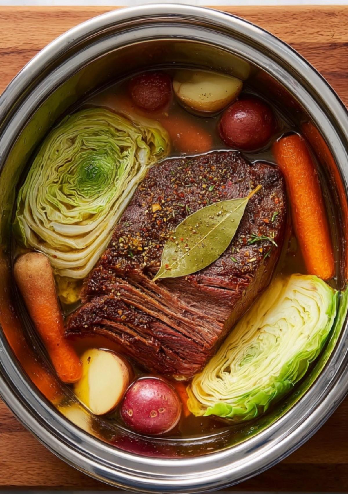 Corned beef brisket with carrots, potatoes, and cabbage wedges in a stainless slow cooker, simmering in broth and spices for a set-and-forget dinner.