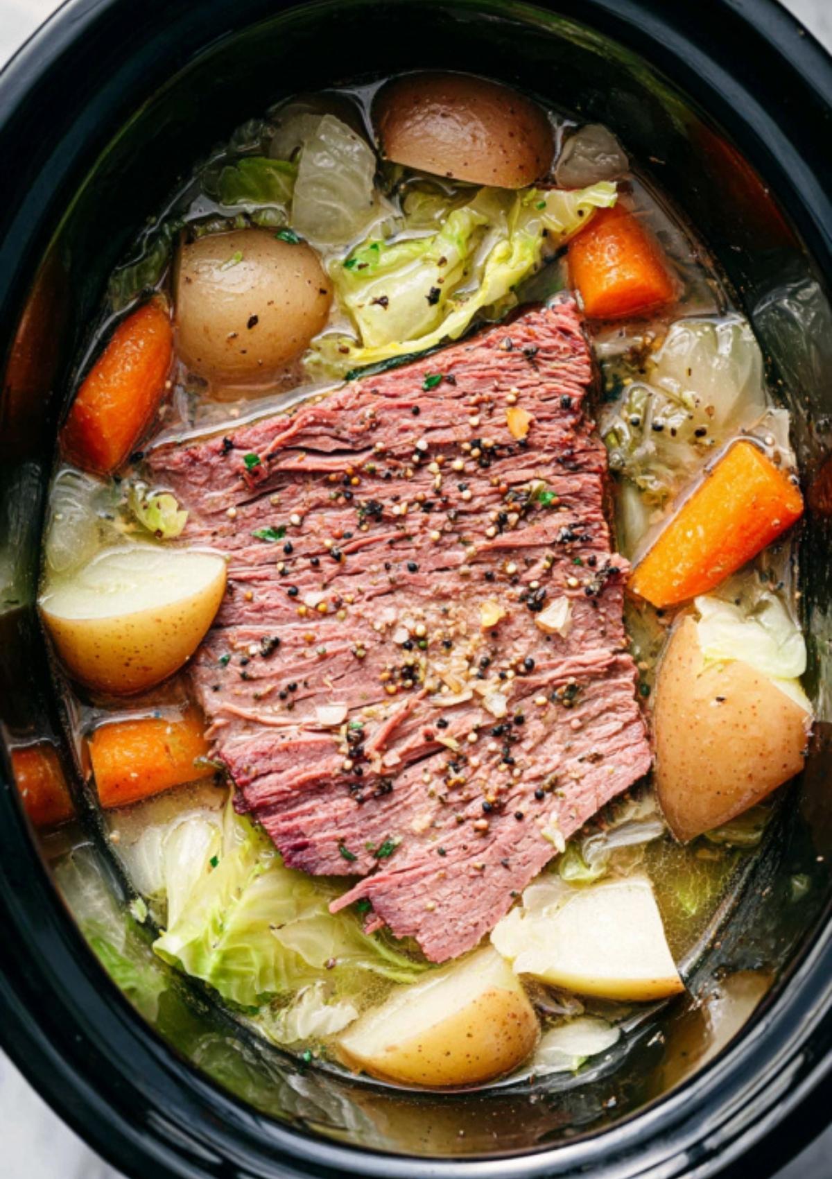 Sliced corned beef with cabbage, carrots, and potatoes cooked in a slow cooker, classic comfort food for St. Patrick’s Day.