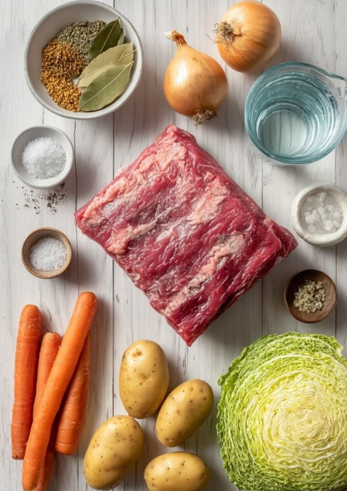Raw corned beef, carrots, potatoes, cabbage, onions, spices, and water arranged on a white table. All the essentials for a classic Instant Pot corned beef and cabbage recipe.