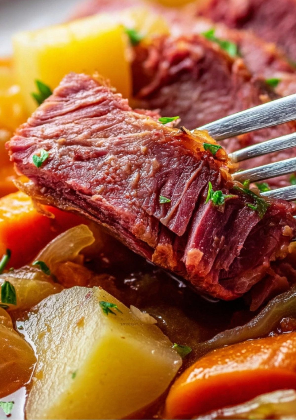 Close-up of juicy corned beef on a fork with potatoes and carrots, all cooked in a flavorful slow cooker broth. An easy one-pot meal for busy weeknights.